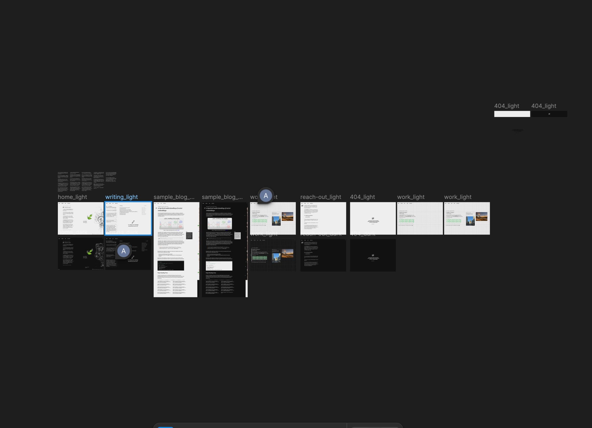 This image shows a dark file browser interface displaying website template thumbnails in a grid layout. The templates have names like home_light, writing_light, sample_blog, 404_light, and work_light, representing different webpage layouts including home pages, blogs, portfolios, and error pages. Each thumbnail previews the actual webpage design. This is a screenshot from a Figma layout.